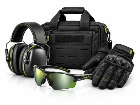 Hearing protection, eye protection, gloves, and range bag category illustration